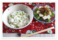 枝豆ごはん、豆腐の中華風サラダ